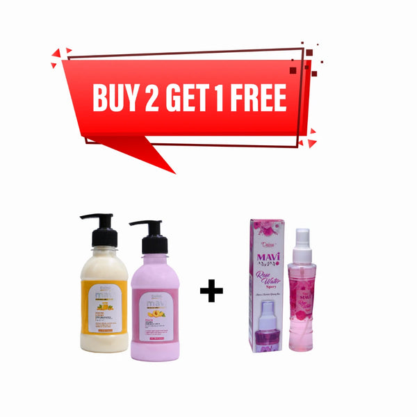 DAINA MAVI SKIN CARE COMBO – Buy 2 Get 1 FREE! (Almond & Honey Lotion + Peach Lotion + Rose Water Spray)