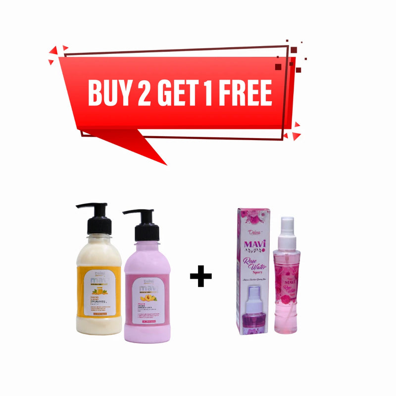 DAINA MAVI SKIN CARE COMBO – Buy 2 Get 1 FREE! (Almond & Honey Lotion + Peach Lotion + Rose Water Spray)