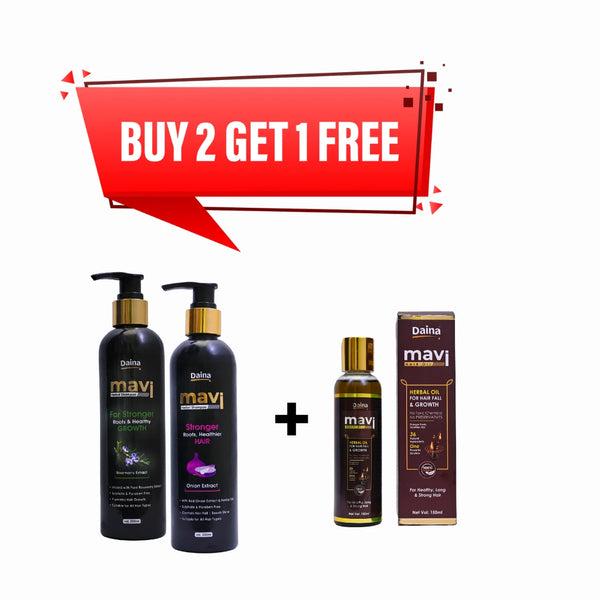 DAINA MAVI HAIR CARE COMBO – Buy 2 Herbal Shampoos, Get 1 Herbal Hair Oil FREE